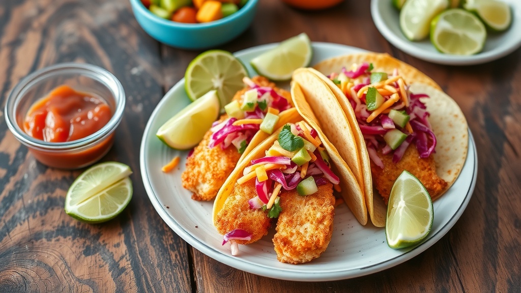 Crispy Fish Tacos with Fresh Lime Slaw Crispy fish tacos with lime slaw and lime wedges on a rustic table, garnished with salsa.